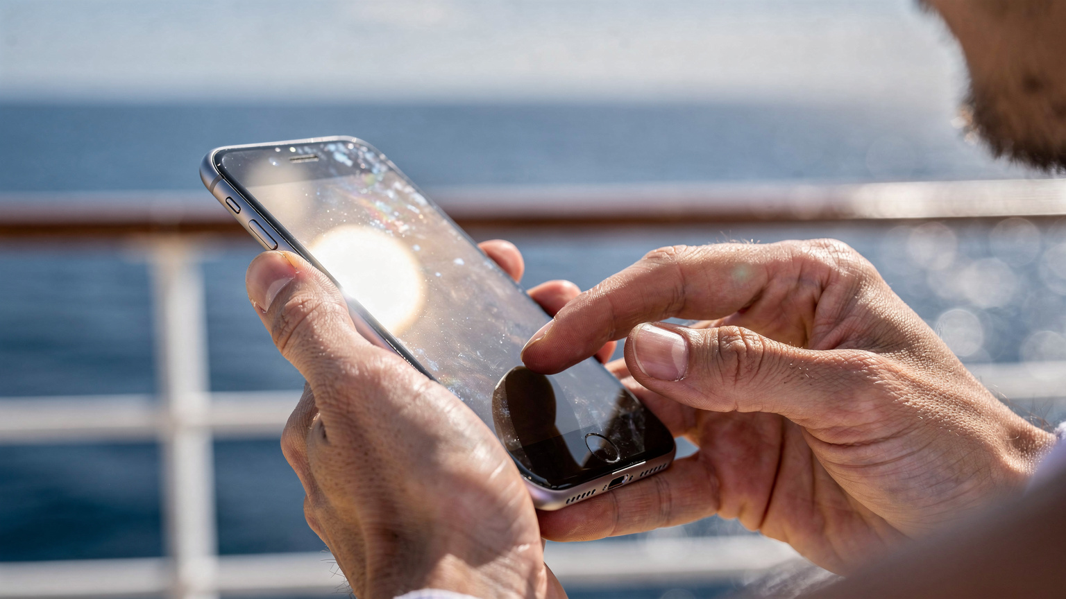 A close-up of a person's hands interacting with a smartphone screen, possibly adjusting network settings, with the blurred background of a cruise ship railing and the open sea.