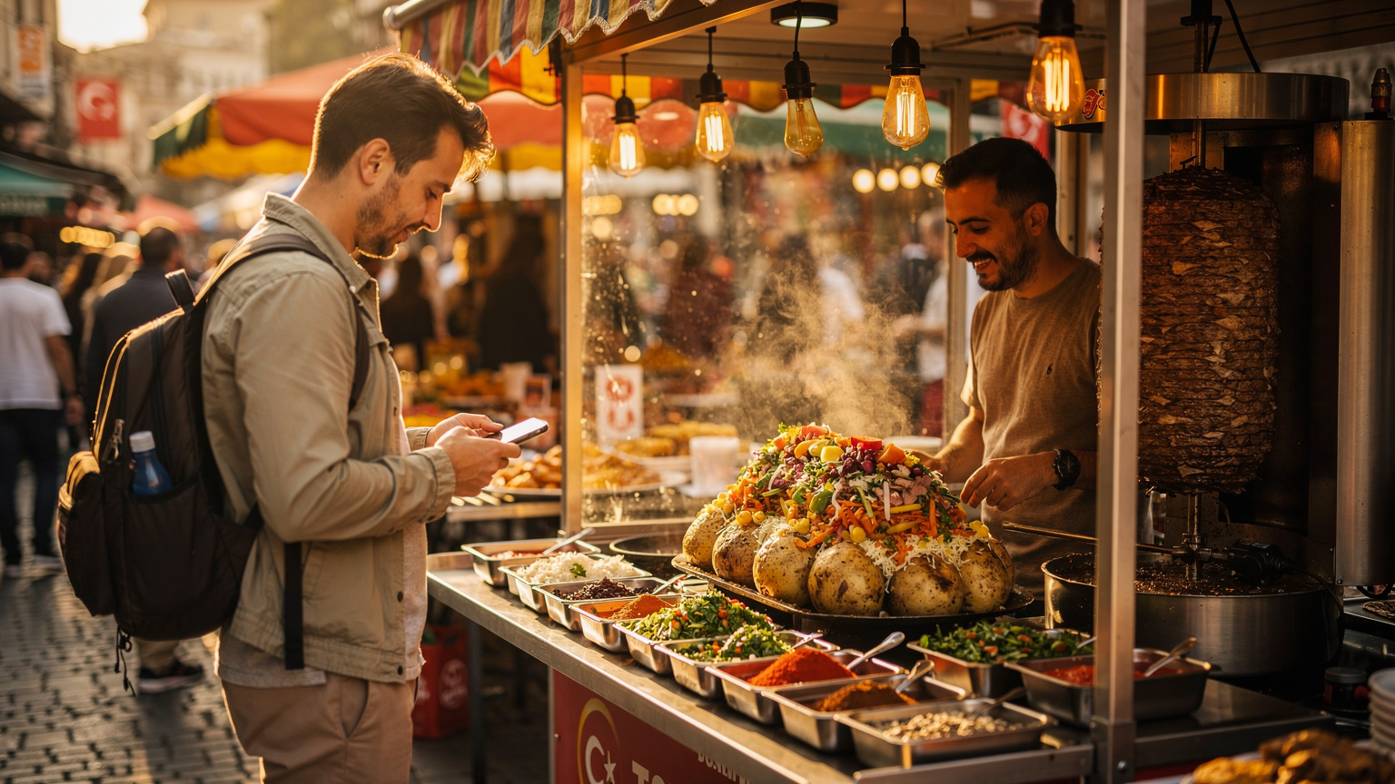 A vibrant street food vendor in Istanbul prepares Turkish delicacies, while a traveler in the foreground, discreetly checking their phone for local recommendations, captures the lively atmosphere.