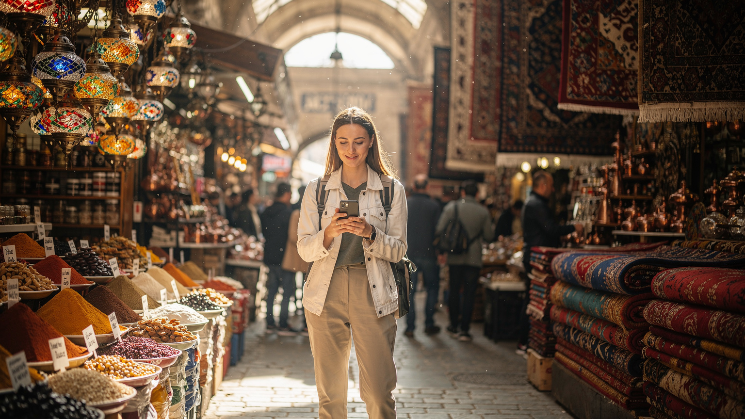 A woman confidently uses her smartphone to look up directions while navigating the crowded, vibrant stalls of Istanbul's historic Grand Bazaar, with intricate lamps and textiles visible.