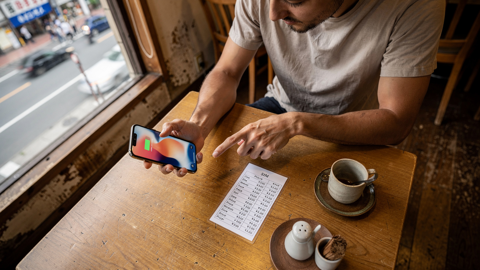 Seorang backpacker sedang membandingkan harga eSIM di aplikasi Cellesim dengan harga SIM lokal di layar iPhone 17 miliknya, di sebuah kafe sederhana di dekat stasiun kereta api di Tokyo.
