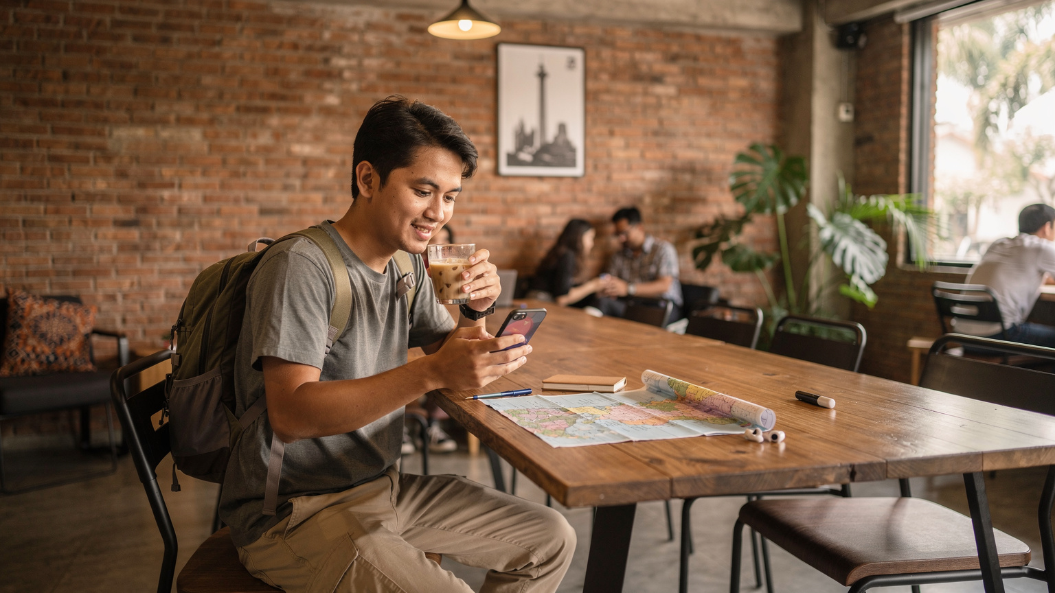 Seorang backpacker sedang duduk di sebuah hostel modern di Jakarta, memegang iPhone 17 dengan aplikasi Cellesim terbuka, sambil minum kopi dan merencanakan perjalanan berikutnya di peta fisik.