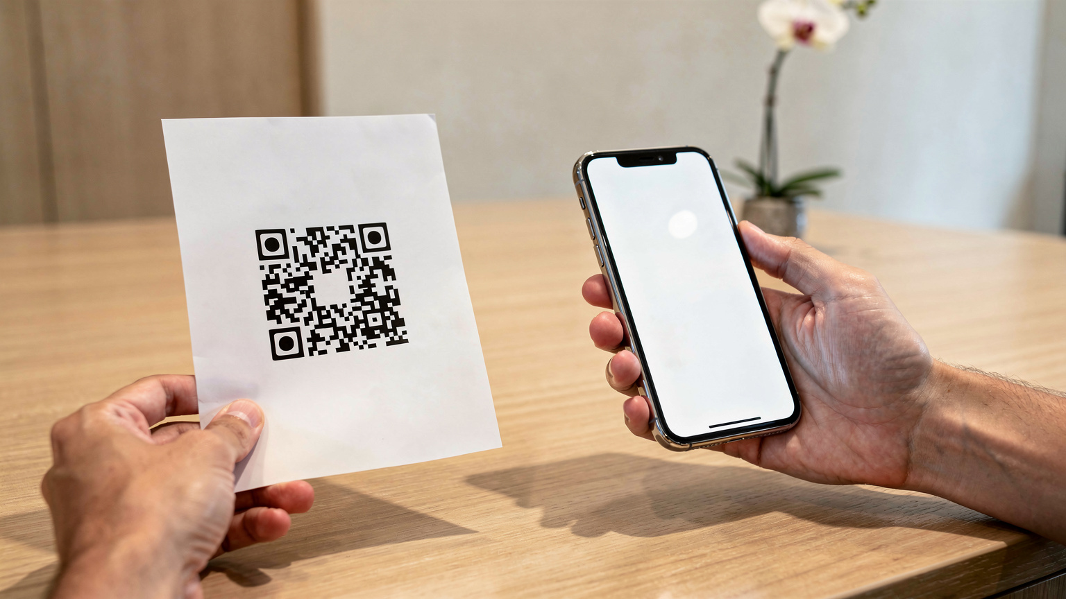 Tangan seorang traveler sedang memegang selembar kertas berisi QR code eSIM, sementara tangan lainnya memegang iPhone 17 yang siap memindai, di meja kayu sebuah lobi hotel di Singapura.