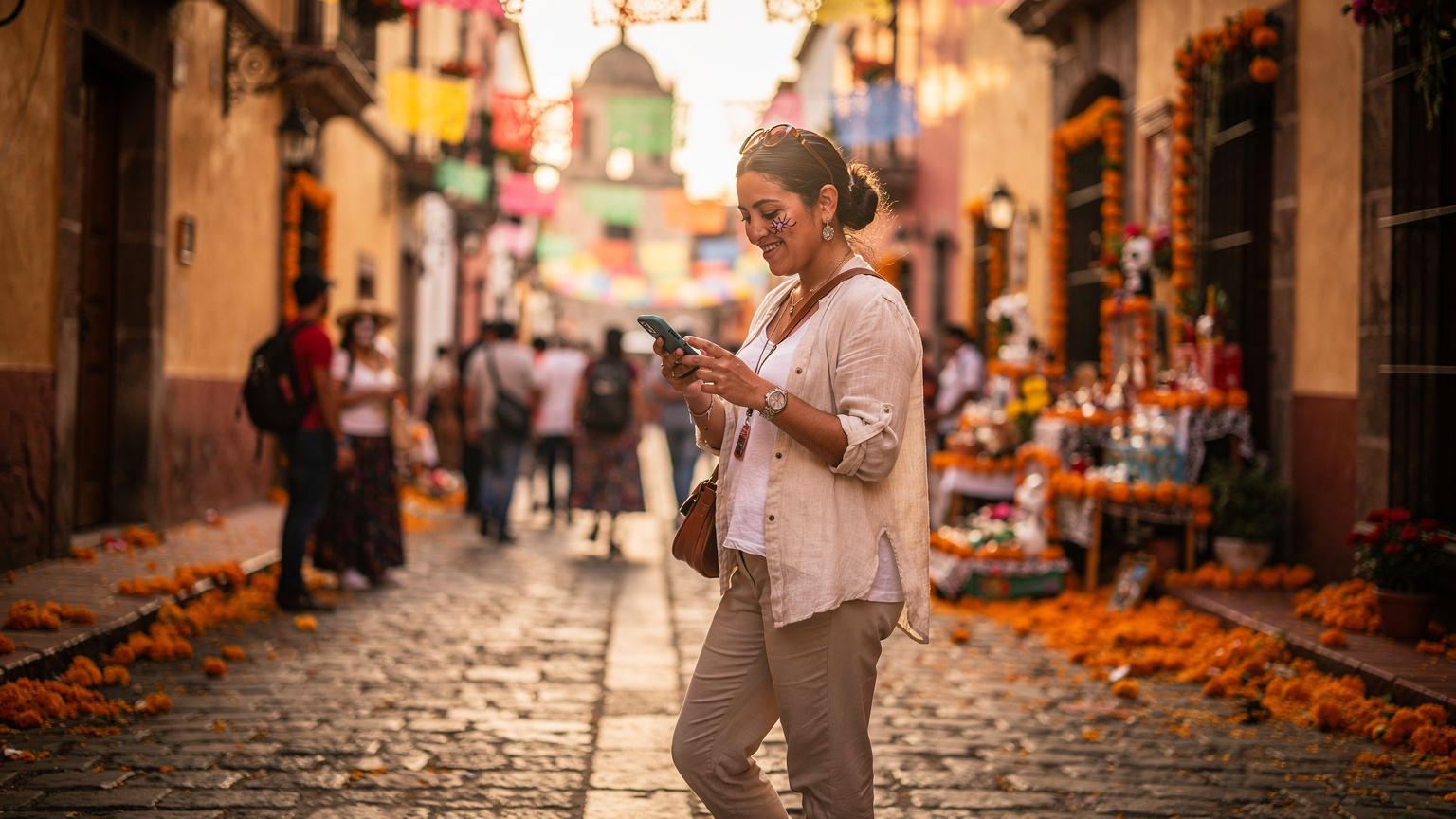 Un viajero hispanohablante, sosteniendo su teléfono con una eSIM activada, navegando por las calles adornadas con cempasúchil en Oaxaca durante la celebración del Día de Muertos.