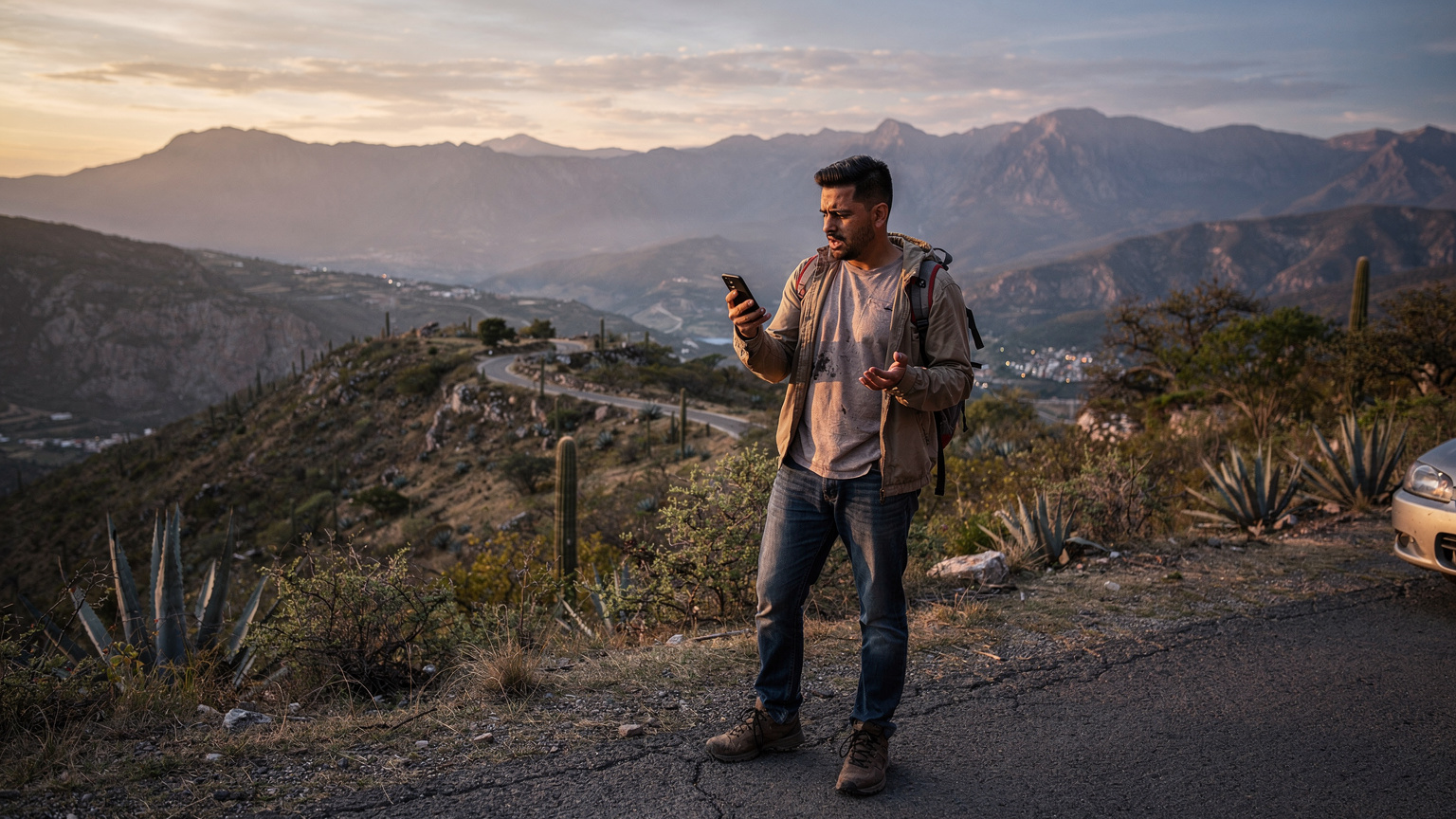 Un viajero hispanohablante con expresión de preocupación, mirando su teléfono con poca señal en una zona remota de México, con un paisaje montañoso al atardecer de fondo.