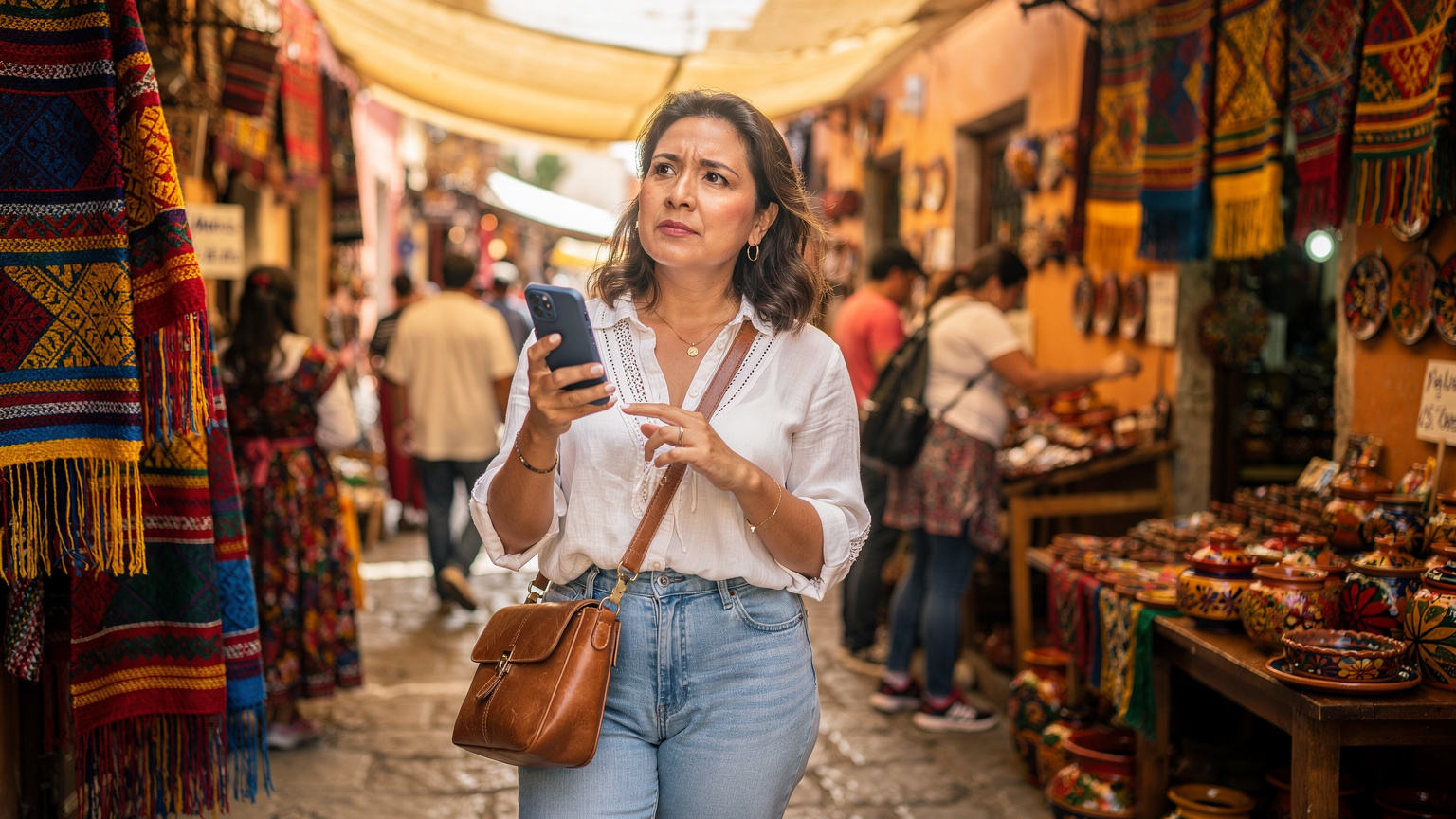 Una mujer hispanohablante consulta su teléfono inteligente para buscar indicaciones en un vibrante mercado de artesanías en Oaxaca, rodeada de textiles y cerámica coloridos.