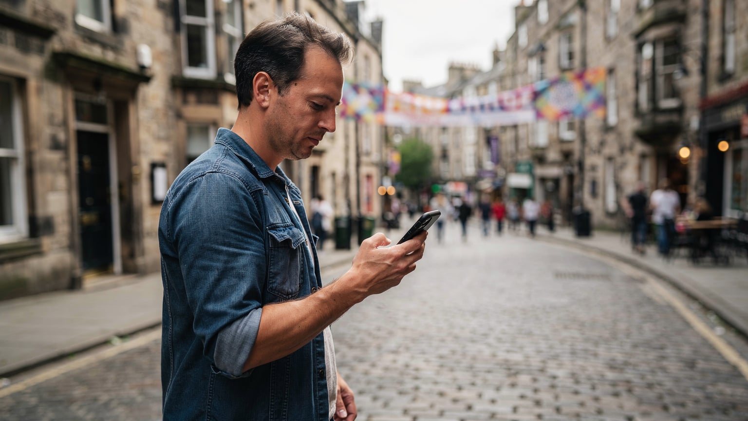A traveler in Edinburgh's Old Town, checking their phone for directions with a seamless eSIM connection.