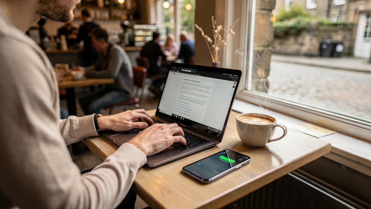 A digital nomad working remotely from a bustling cafe in Edinburgh's Stockbridge neighborhood, with a laptop and coffee, showcasing seamless connectivity.