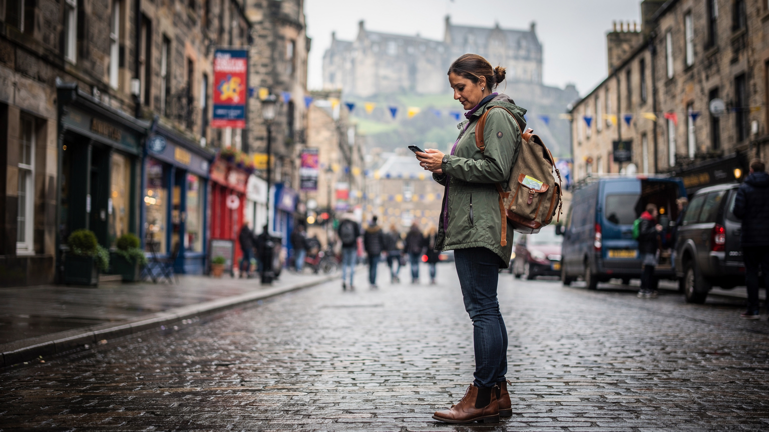 A person holding a smartphone, looking at a digital map of Edinburgh's Old Town with the iconic Edinburgh Castle in the background, surrounded by the lively atmosphere of the Fringe Festival.
