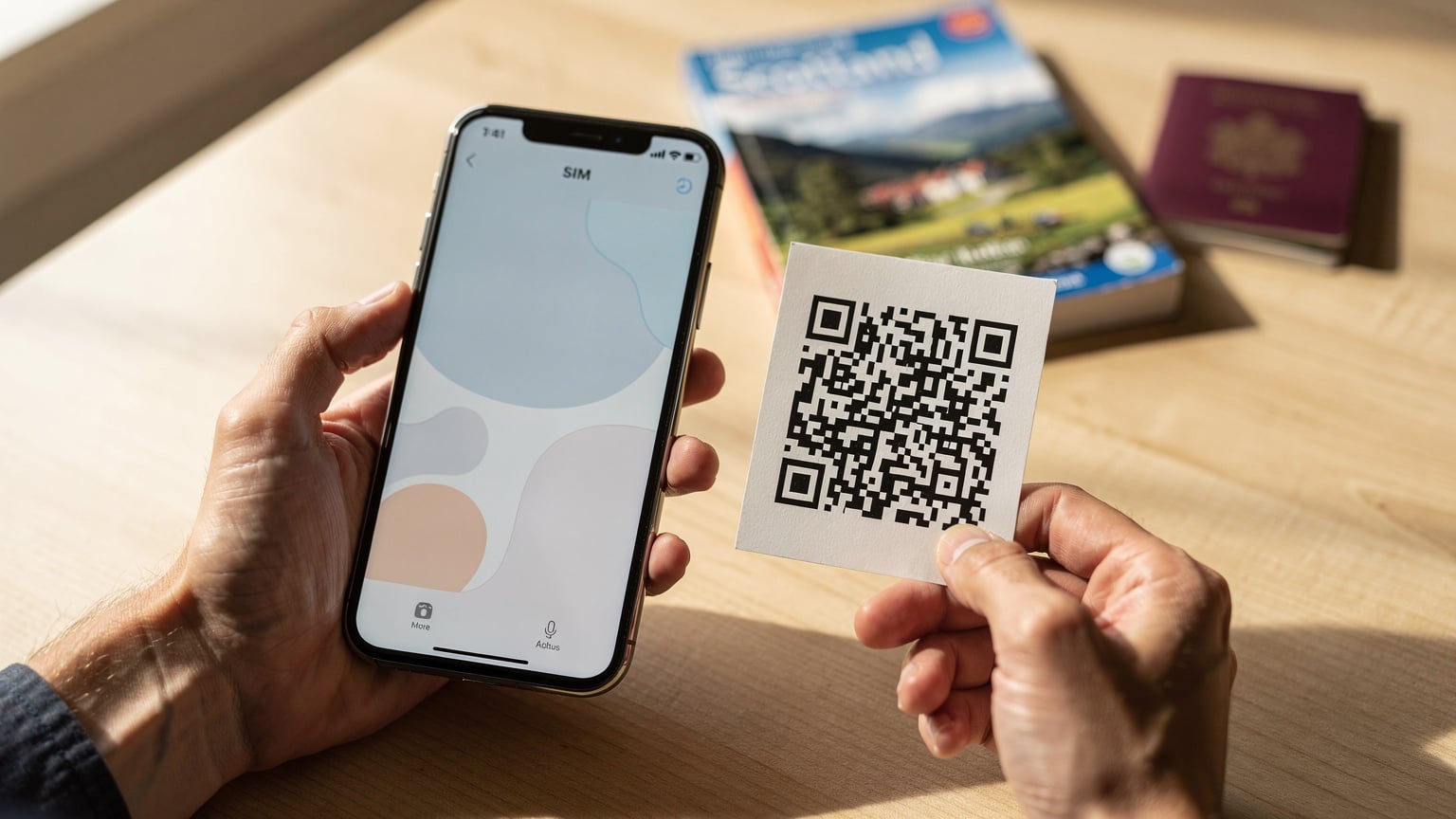 A close-up of hands holding a smartphone, scanning a QR code for eSIM activation, with a travel guide and passport in the blurred background.