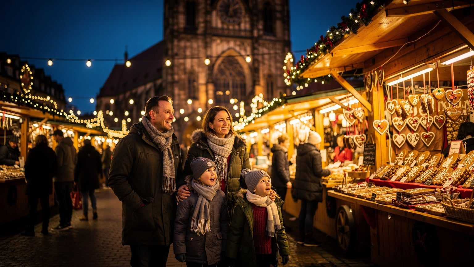 Eine Familie, bestehend aus Eltern und zwei Kindern, bummelt abends über den beleuchteten Nürnberger Christkindlesmarkt, im Hintergrund der typische Holzbuden und die Frauenkirche.
