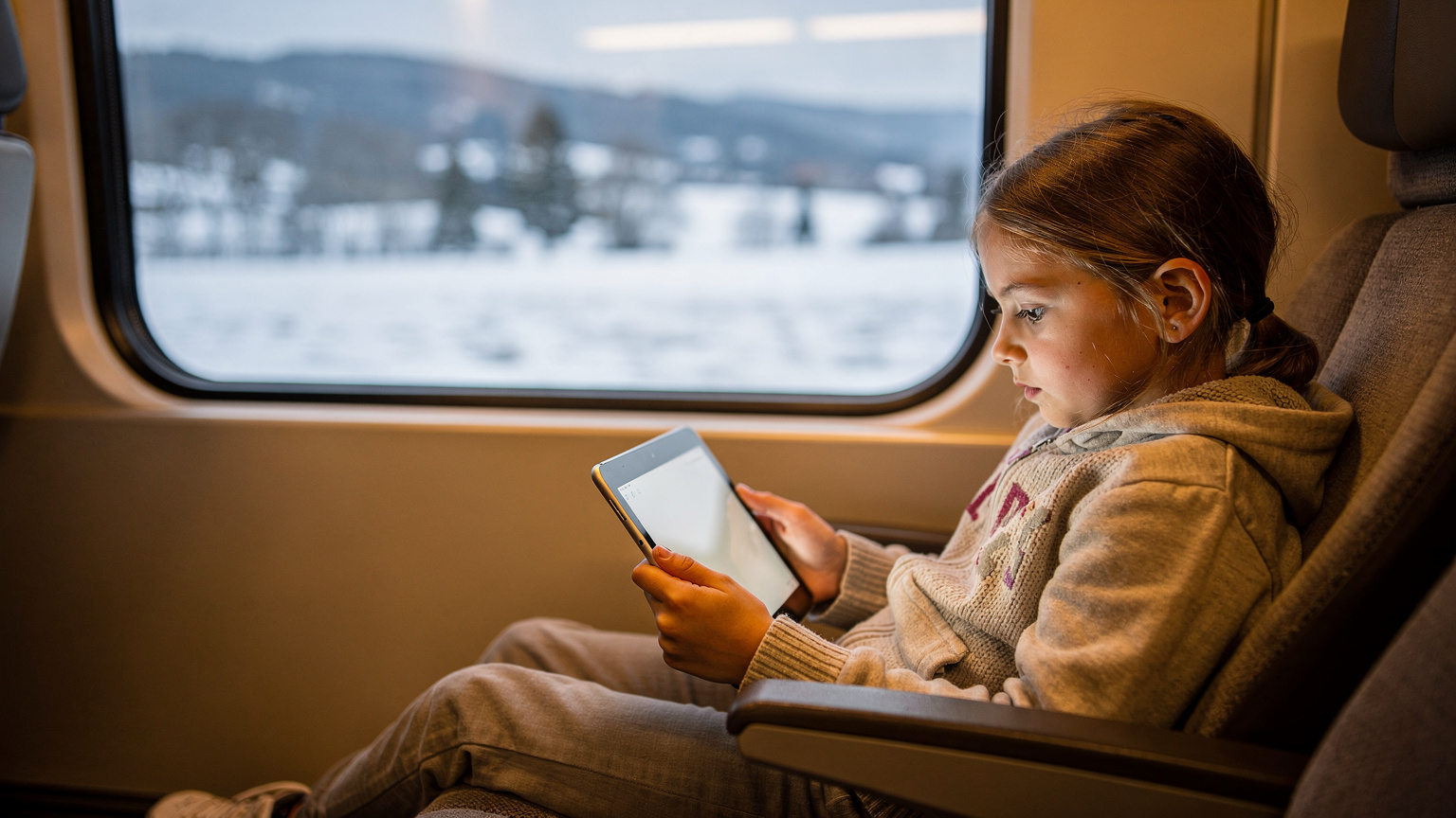 Ein 10-jähriges Mädchen sitzt in einem modernen Zugabteil und schaut konzentriert auf ihr Tablet, während draußen winterliche Landschaften vorbeiziehen.