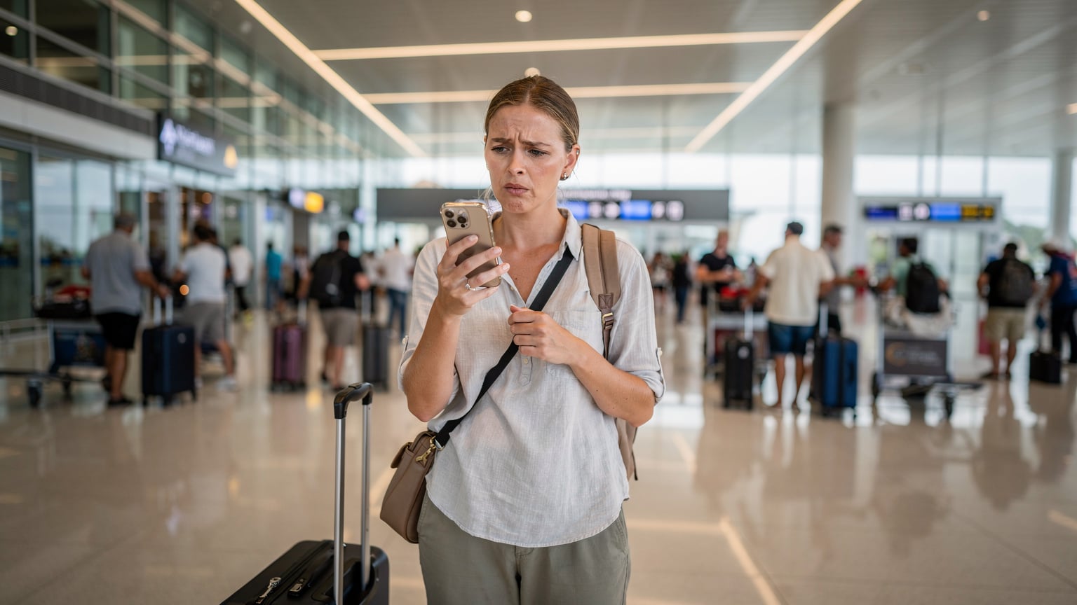 A traveler arrives at Velana International Airport (MLE) in the Maldives, navigating the bustling arrivals hall, clearly frustrated by a lack of immediate connectivity.