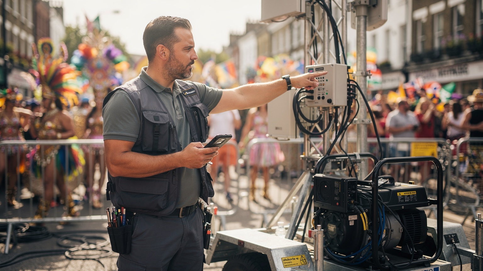 A network engineer, mid-thirties, with a reflective expression, standing near a temporary cell tower amidst the colourful backdrop of Notting Hill Carnival, pointing towards the setup while looking at his smartphone.
