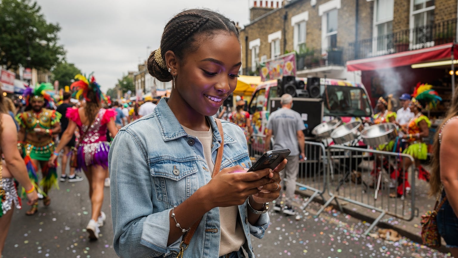 A person navigating the vibrant crowds of Notting Hill Carnival 2026, checking their phone for directions or messaging friends, with colourful floats and street performers in the background.