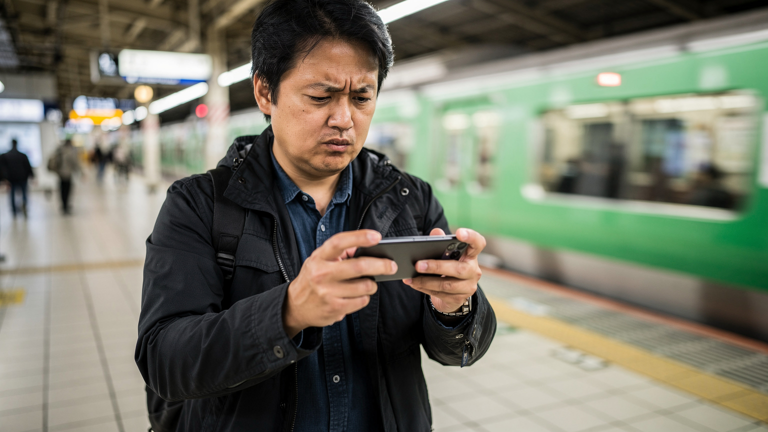 A traveler looking slightly frustrated or concerned at their smartphone screen while standing in a busy Tokyo train station, with a train passing in the background.