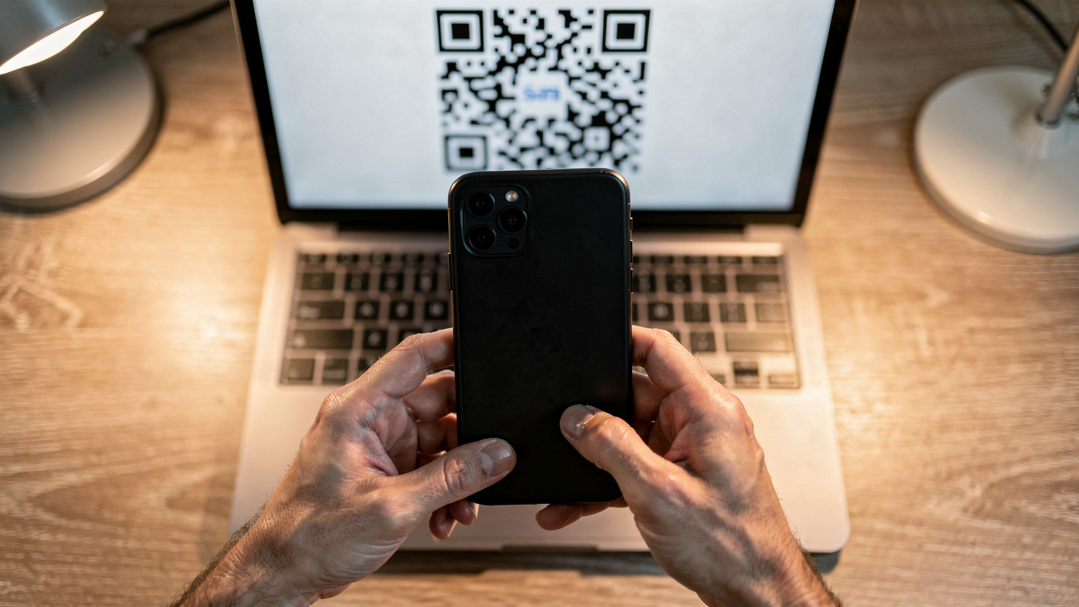 Close-up of human hands holding a smartphone, scanning an eSIM QR code displayed on a computer screen, indicating the digital installation process.