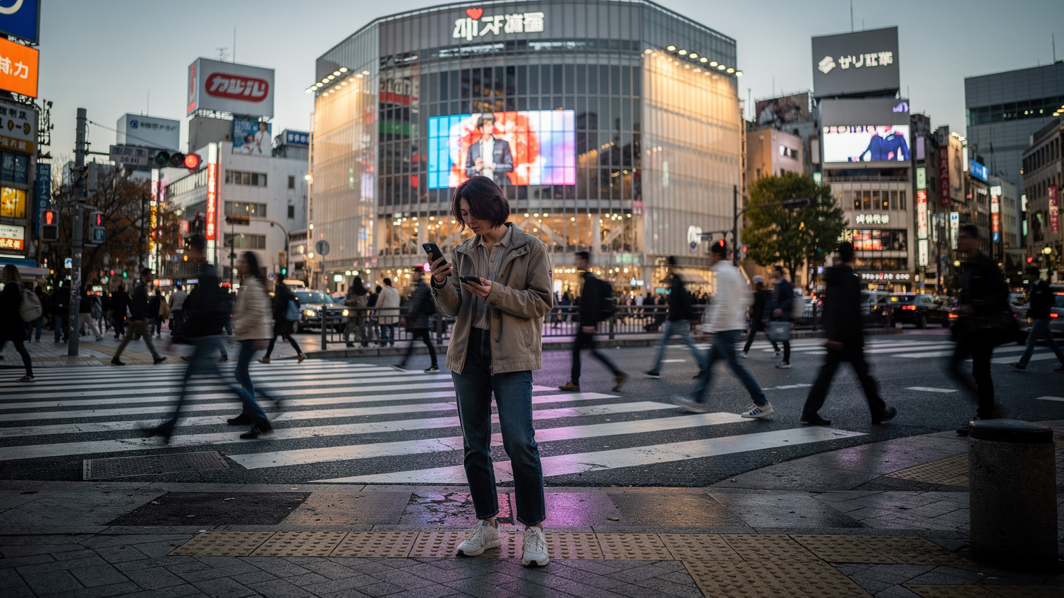 A person stands amidst the iconic Shibuya Crossing in Tokyo, holding their smartphone and looking at it, surrounded by the blur of moving people and vibrant neon signs.