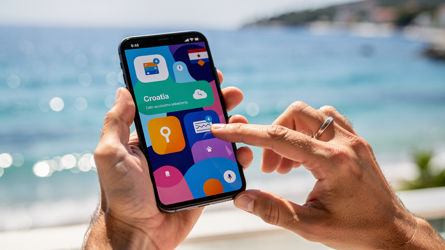 Zblízka záběr na ruce dospělého člověka, který drží chytrý telefon a intuitivně listuje v aplikaci Cellesim, vybírá datový balíček pro Chorvatsko s mořem v pozadí.