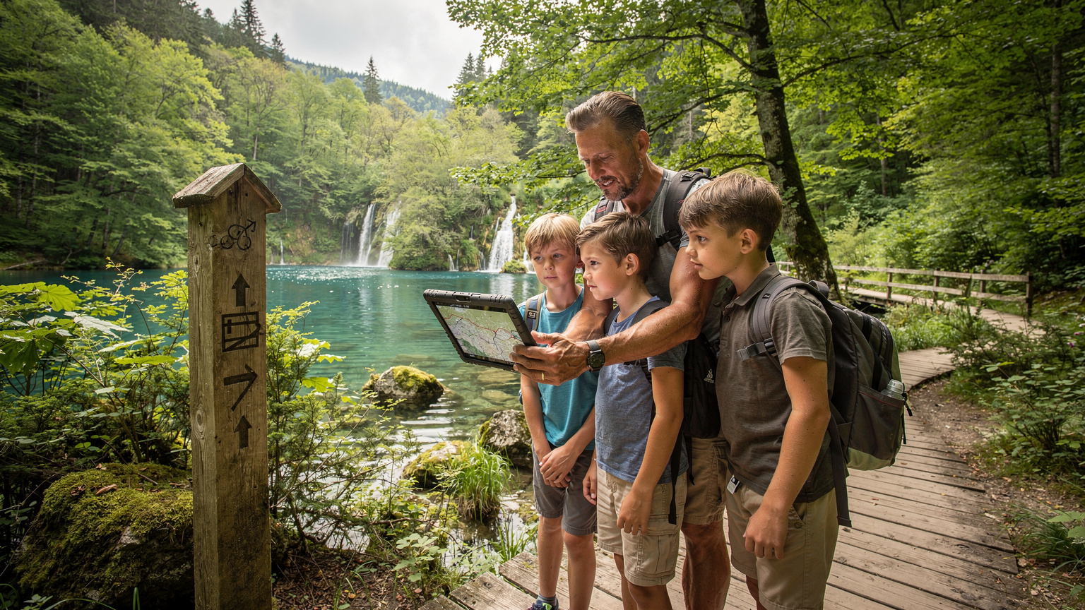 Zamyšlený otec s dětmi kontroluje offline mapy na tabletu, zatímco stojí u rozcestníku v národním parku Plitvická jezera, obklopeni svěží zelení a klidem přírody.