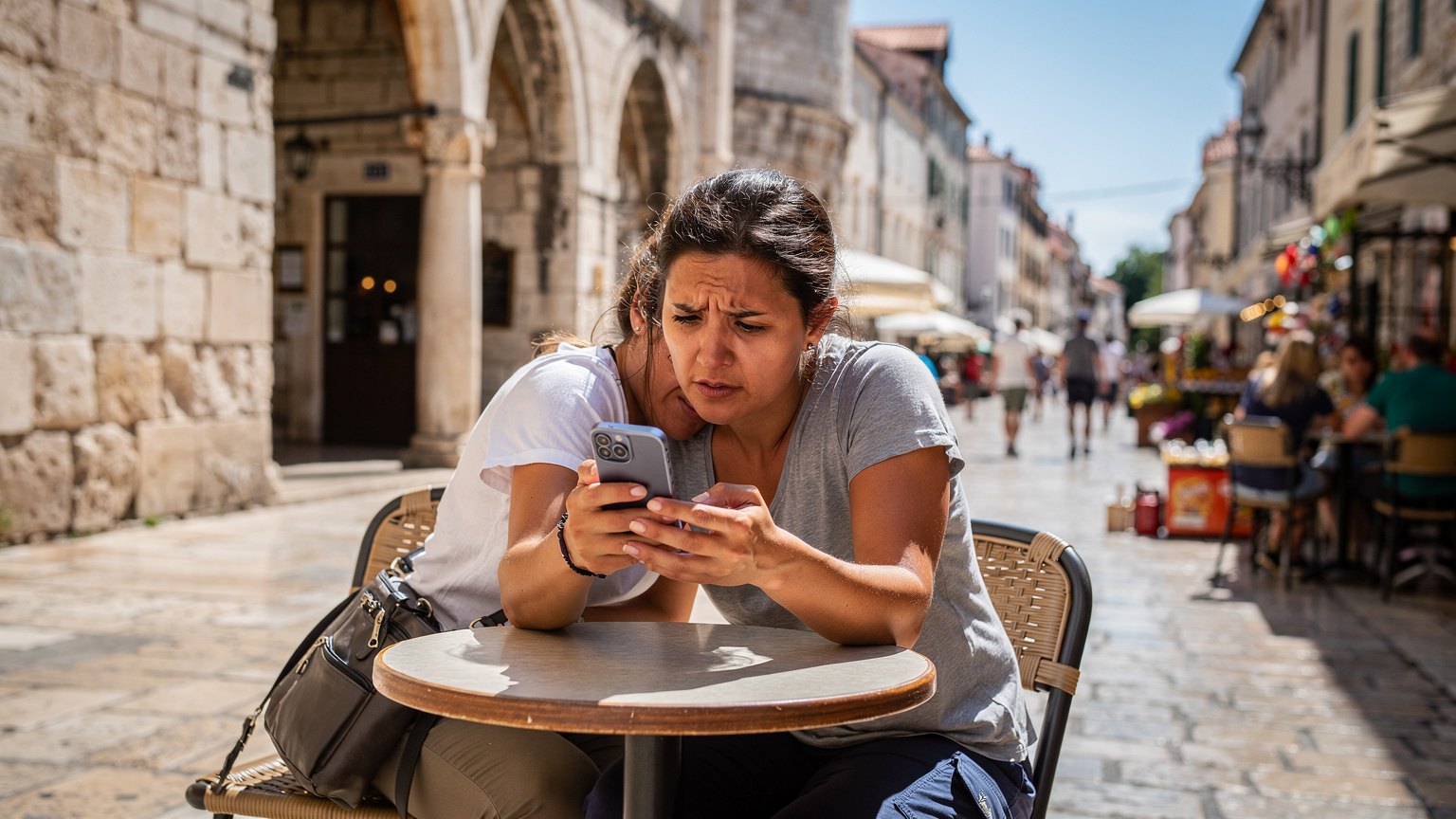 Cestovatelka zamyšleně hledí na svůj telefon v přeplněné kavárně v centru Splitu, snažíc se připojit k nestabilní veřejné Wi-Fi, zatímco kolem ní pulzuje denní ruch města.