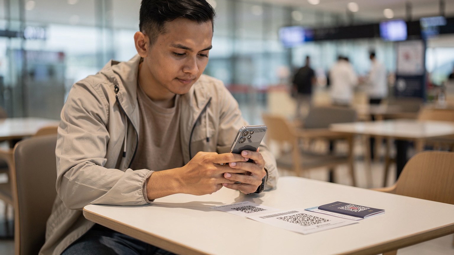 Seorang ayah muda sedang memindai kode QR eSIM di layar Samsung Galaxy S25 miliknya, dengan paspor dan boarding pass terletak di sampingnya di meja kafe bandara yang modern.