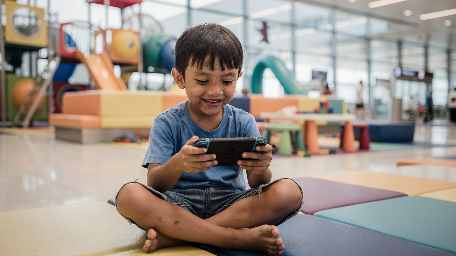 Seorang anak laki-laki berusia sekitar 7 tahun sedang asyik bermain game di Nintendo Switch-nya di area bermain anak di Bandara Internasional Hamad, Doha. Warna-warni cerah dan suasana ceria terlihat di sekitarnya.
