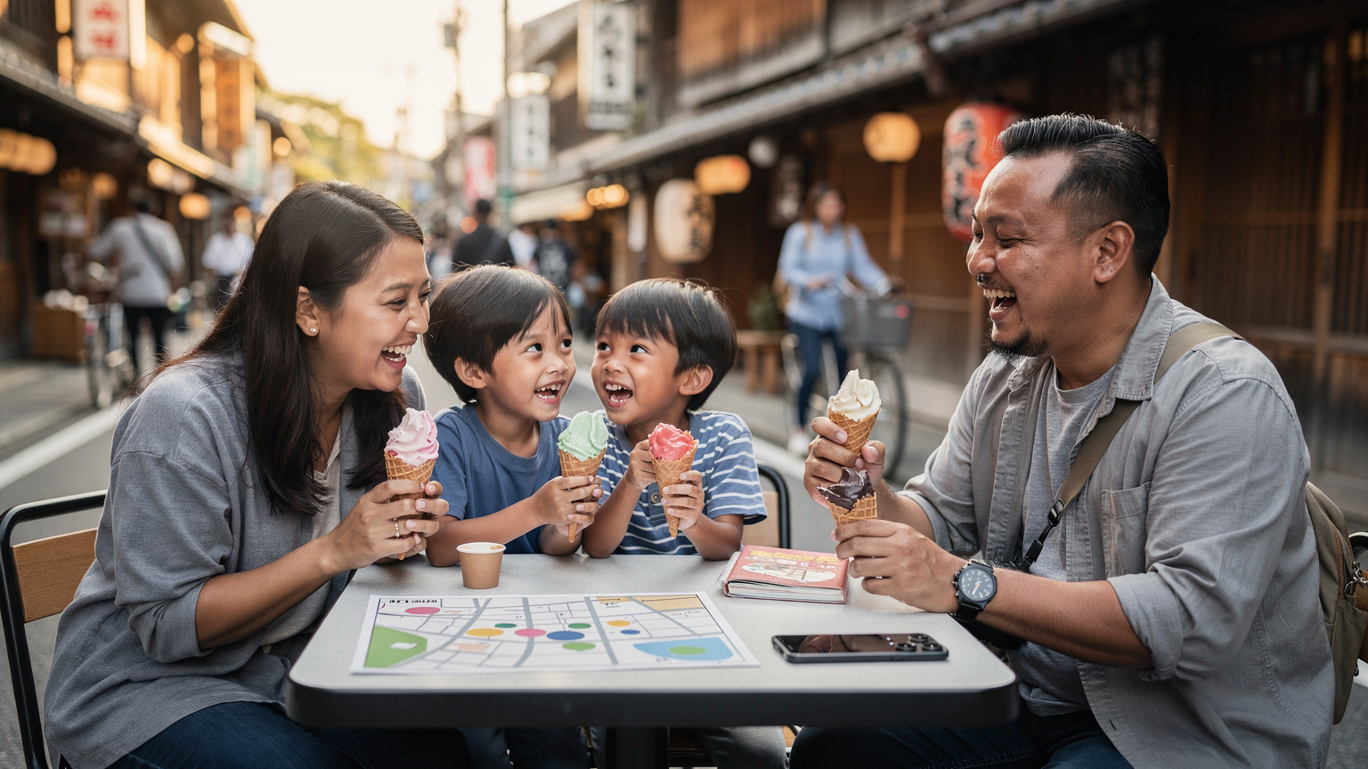 Sebuah keluarga Indonesia, ayah, ibu, dan dua anak, sedang menikmati es krim di sebuah kafe pinggir jalan yang ramai di Kyoto, Jepang. Mereka terlihat santai dan bahagia, dengan ponsel ayah di meja menunjukkan peta.