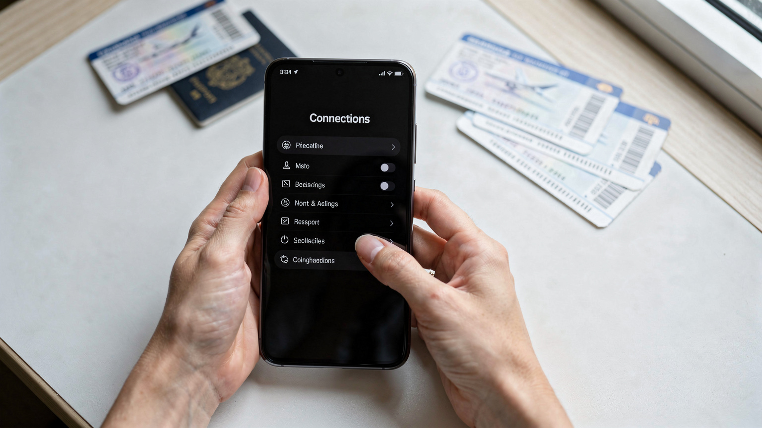 Tangan seorang wanita memegang Samsung Galaxy S25, sedang menavigasi menu pengaturan koneksi di layar ponsel. Di latar belakang terlihat paspor dan tiket pesawat di meja.