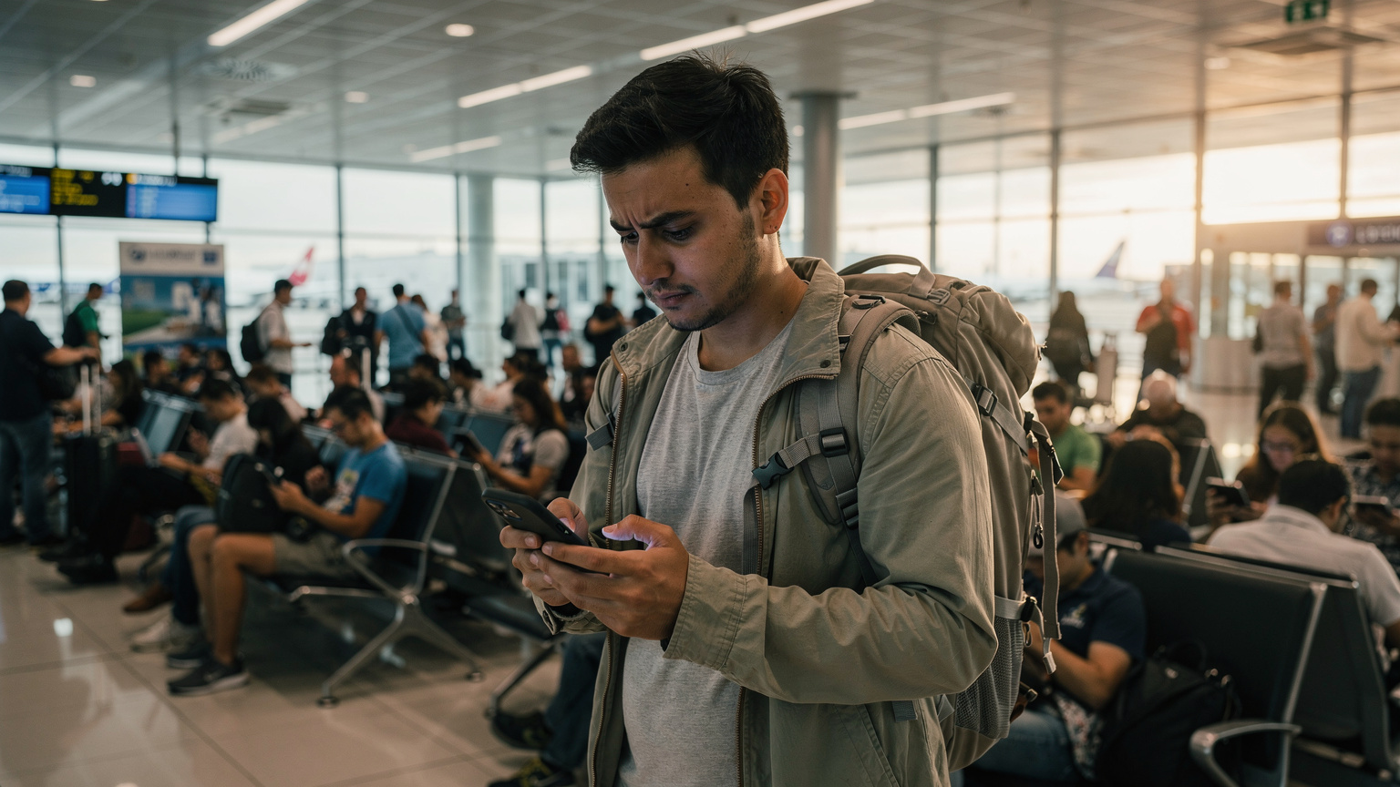 Ein Reisender steht an einem überfüllten Flughafen-Gate in Bangkok, blickt besorgt auf sein Smartphone, das eine Fehlermeldung zur Netzwerkkonnektivität anzeigt, während im Hintergrund andere Reisende ihre Telefone benutzen.