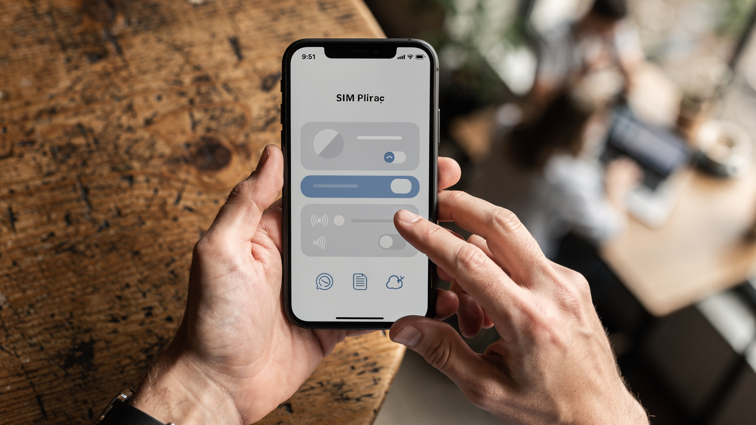 Eine Nahaufnahme eines Smartphones, das eine eSIM-Verwaltungsoberfläche anzeigt, mit einer Person, die mit dem Finger auf den Bildschirm tippt, während sie in einem geschäftigen Co-Working-Café sitzt.