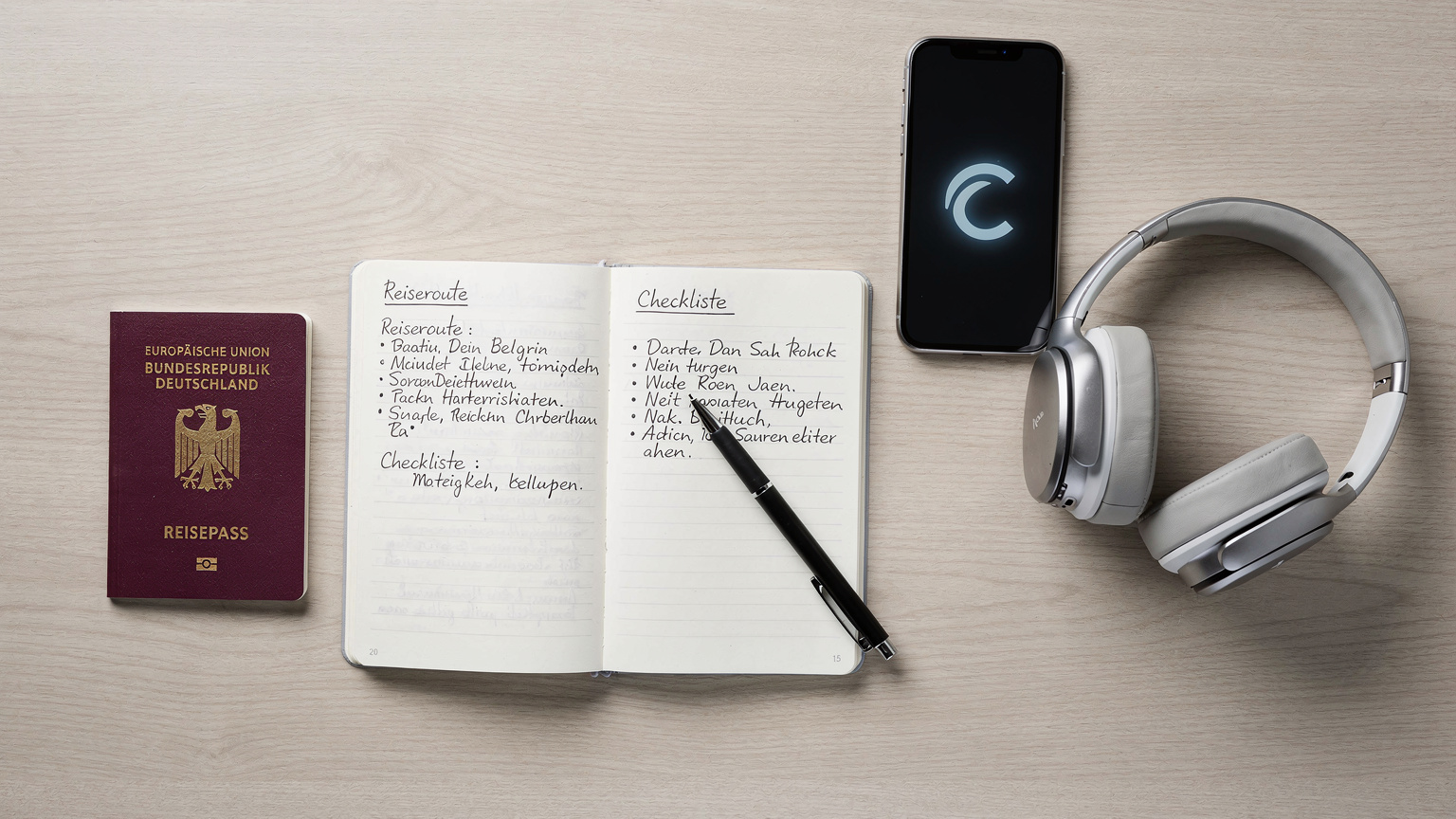 Ein Nahaufnahme-Overhead-Flat-Lay eines Reisetisches, der ein geöffnetes deutsches Notizbuch, einen Stift, einen Reisepass, Kopfhörer und ein Smartphone mit einem Cellesim-Logo auf dem Bildschirm zeigt, alles stilvoll arrangiert für eine Reisevorbereitung.