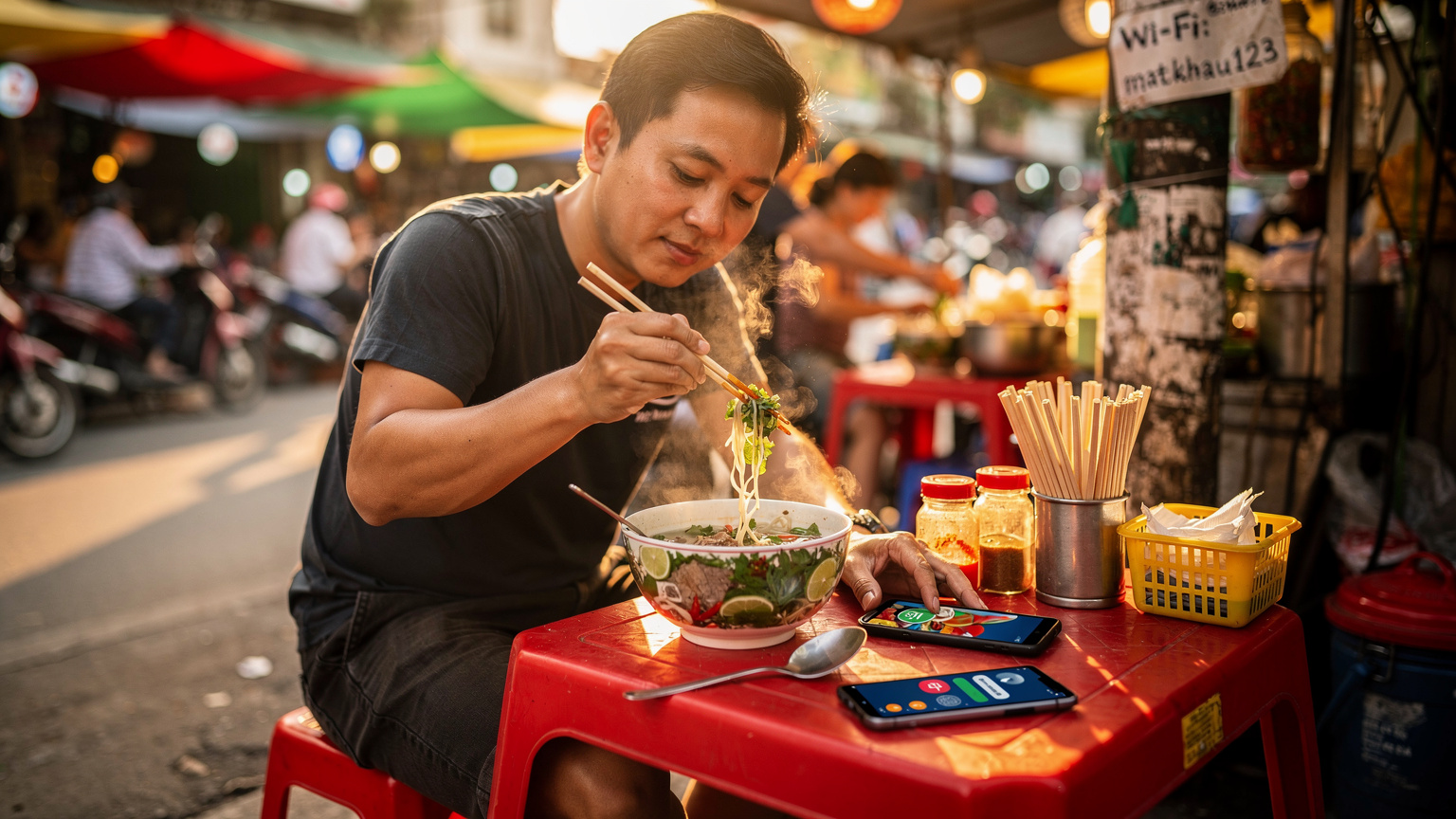 Ein Reisender sitzt in einem lebhaften Streetfood-Markt in Ho-Chi-Minh-Stadt, Vietnam, isst eine Schale Pho und schaut gleichzeitig auf sein Smartphone, das eine Messaging-App anzeigt, während im Hintergrund ein Schild mit dem Wi-Fi-Passwort eines Cafés verschwommen ist.