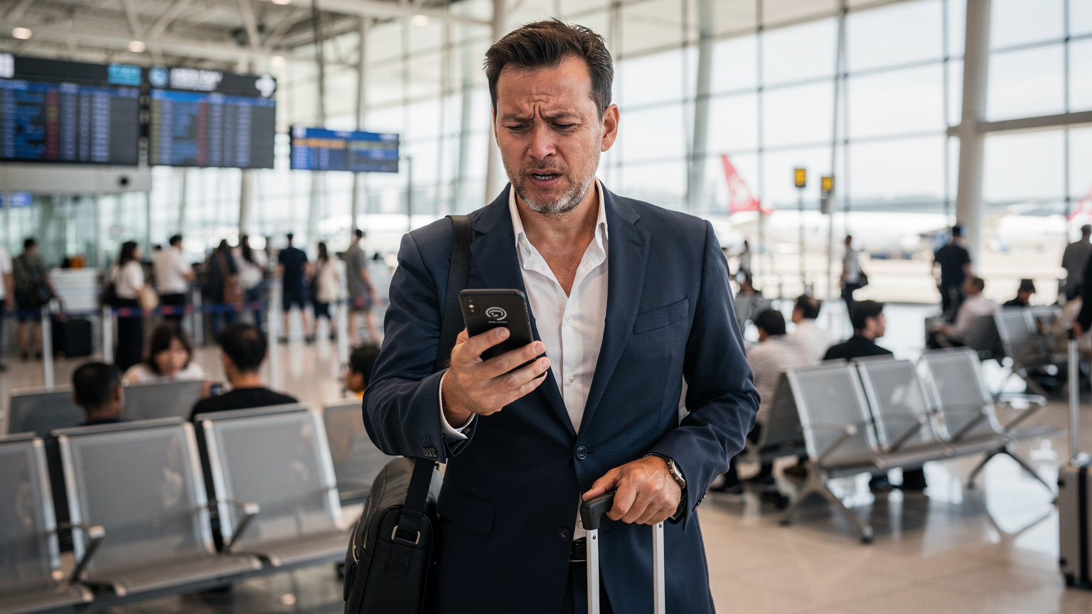 A business traveler looking concerned at their phone, struggling with a connection in a busy airport terminal, highlighting the frustration of single-network reliance.