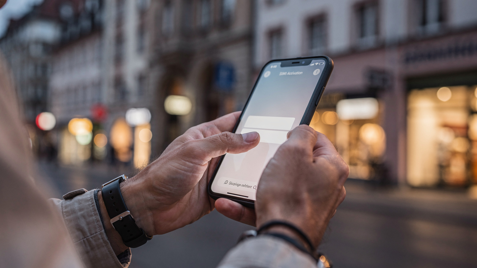Zbliżenie na dłonie podróżnika, który trzyma smartfon z ekranem aktywacji eSIM, w tle widać rozmazane światła ulicy i zabytkowej architektury niemieckiego miasta.