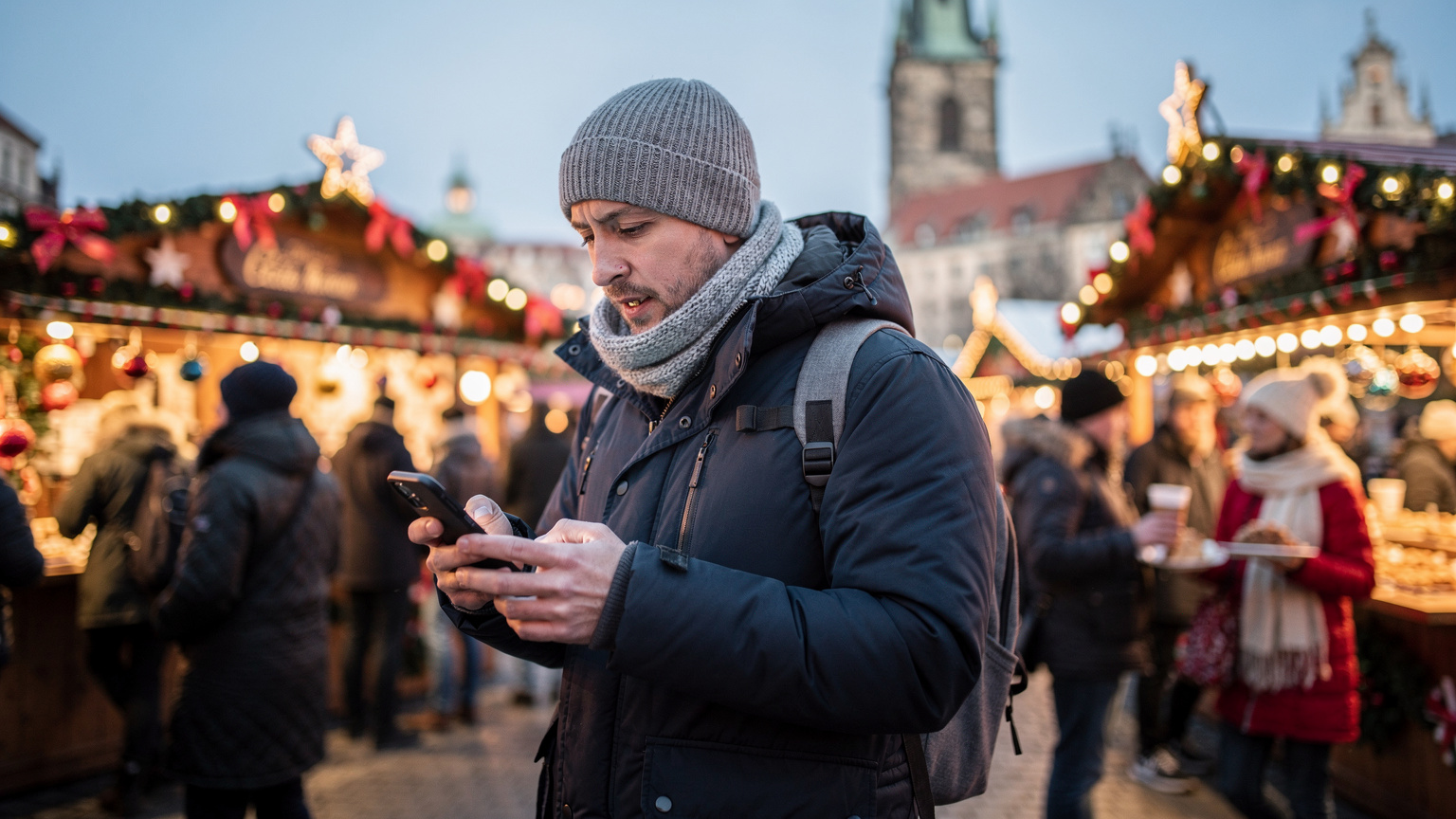 Mężczyzna, ubrany w kurtkę i czapkę, patrzy na telefon, szukając drogi na jarmarku w Dreźnie.
