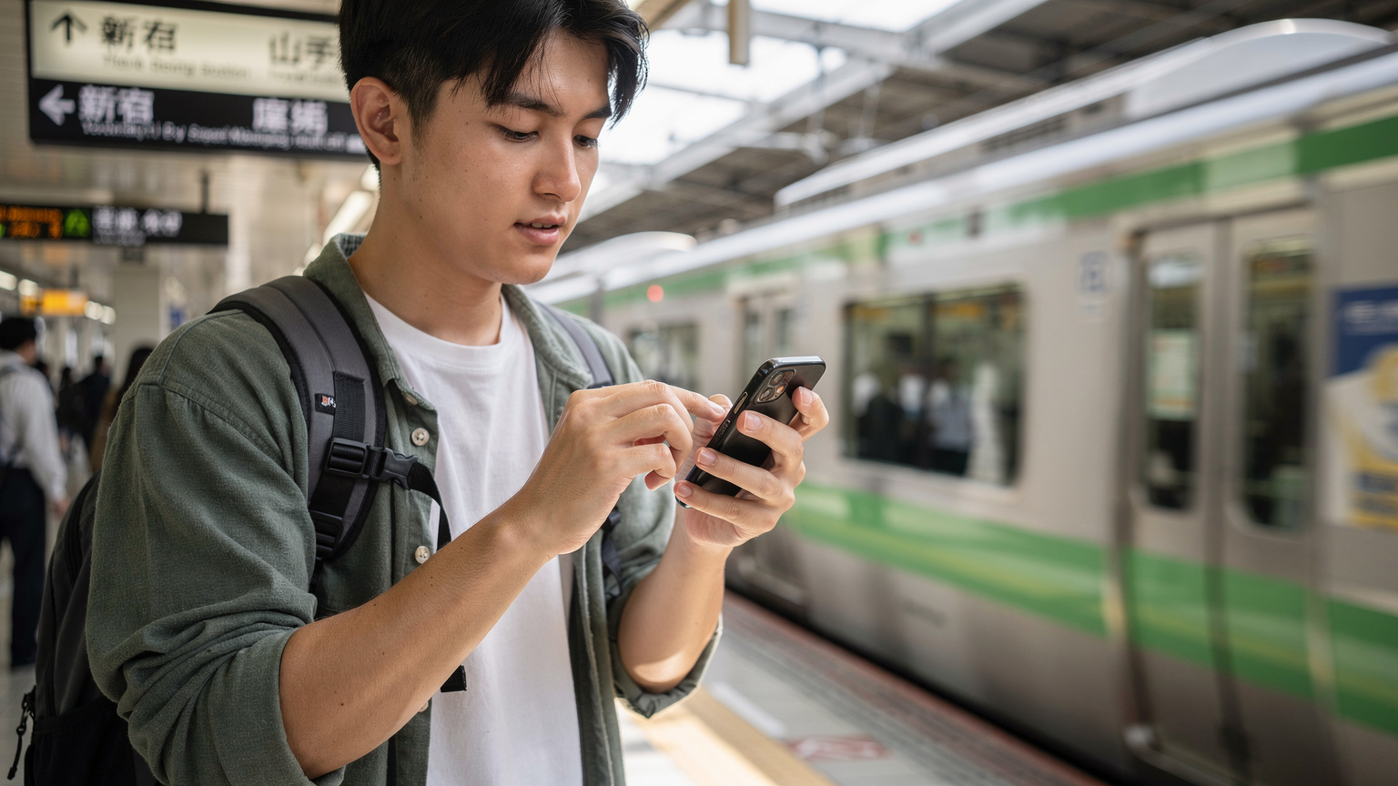 Japonya'da bir tren istasyonunda, hızlı tren beklerken telefonunda eSIM kurulumu yapan bir gezgin.