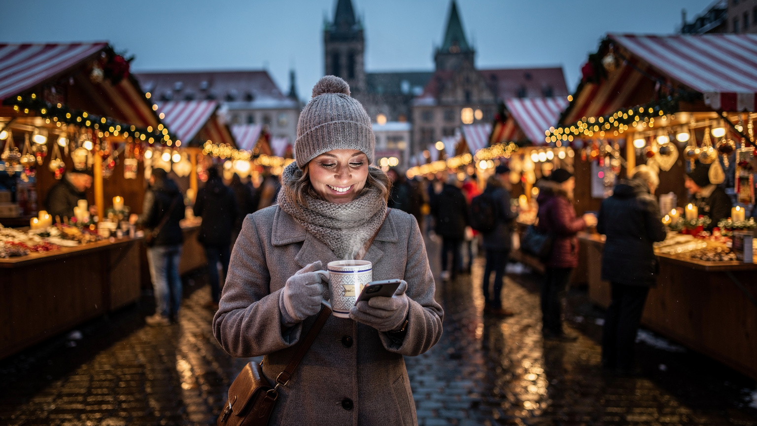 Une femme souriante dans un marché de Noël animé de Nuremberg, tenant un gobelet de vin chaud et consultant son téléphone pour des indications, avec le Christkindlesmarkt illuminé en arrière-plan.