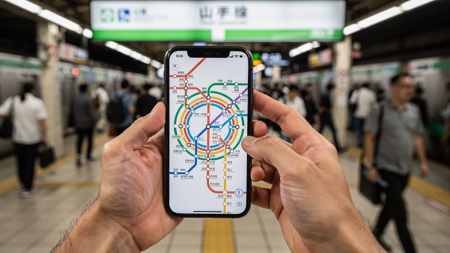 Un écran de smartphone affichant un plan de train complexe à Tokyo, avec des mains humaines tenant l'appareil et des détails de la gare en arrière-plan.