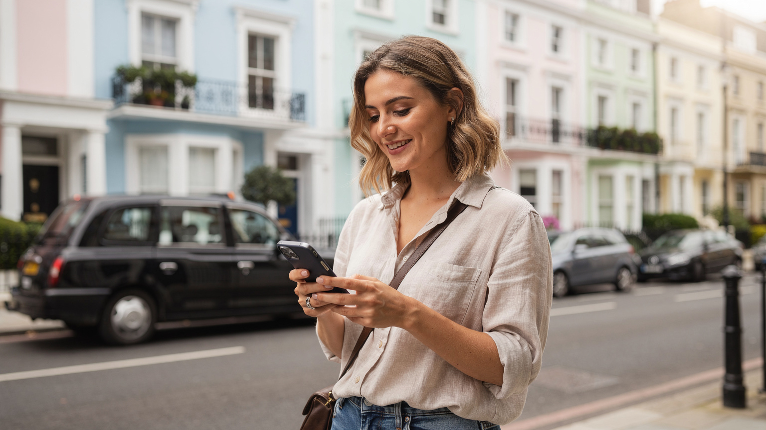 Młoda kobieta z uśmiechem przegląda mapę Londynu na telefonie, stojąc na tle historycznego budynku w dzielnicy Notting Hill, z klasyczną brytyjską taksówką przejeżdżającą w tle.
