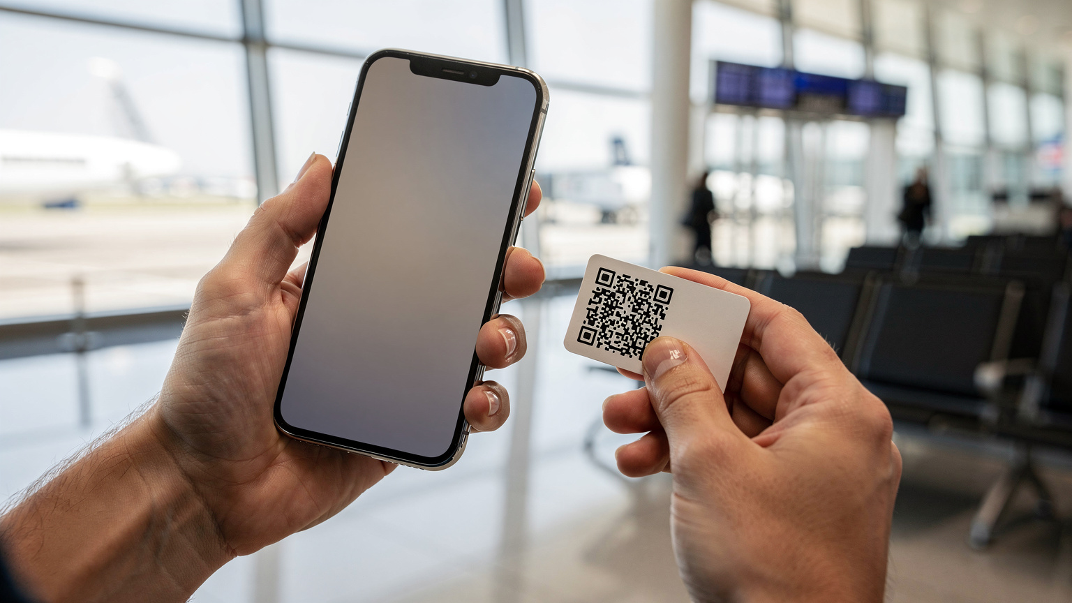 Zbliżenie na dłonie podróżnika skanującego kod QR Cellesim eSIM na ekranie smartfona, z niewyraźnym tłem terminalu lotniska.
