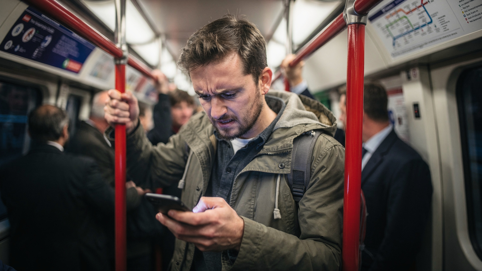 Podróżnik w londyńskim metrze, próbujący desperacko połączyć się z internetem, co kosztuje go fortunę.