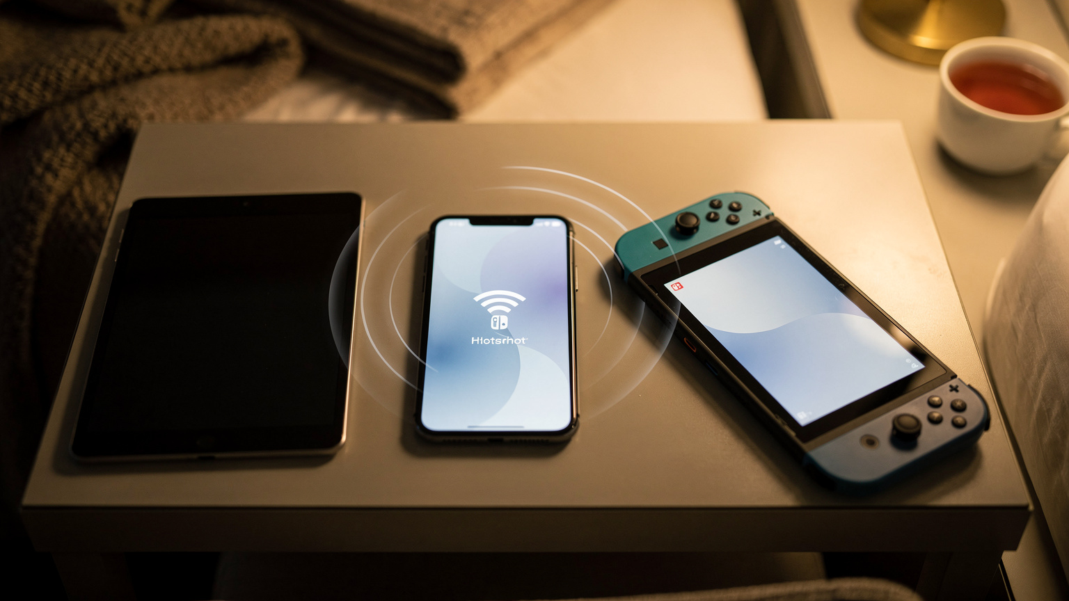 Eine Nahaufnahme eines Smartphones, das einen aktiven Hotspot-Bildschirm anzeigt, mit einem Tablet und einer tragbaren Spielekonsole, die daneben liegen und mit dem Hotspot verbunden sind. Der Hintergrund ist eine gemütliche Hotelzimmer-Szene.