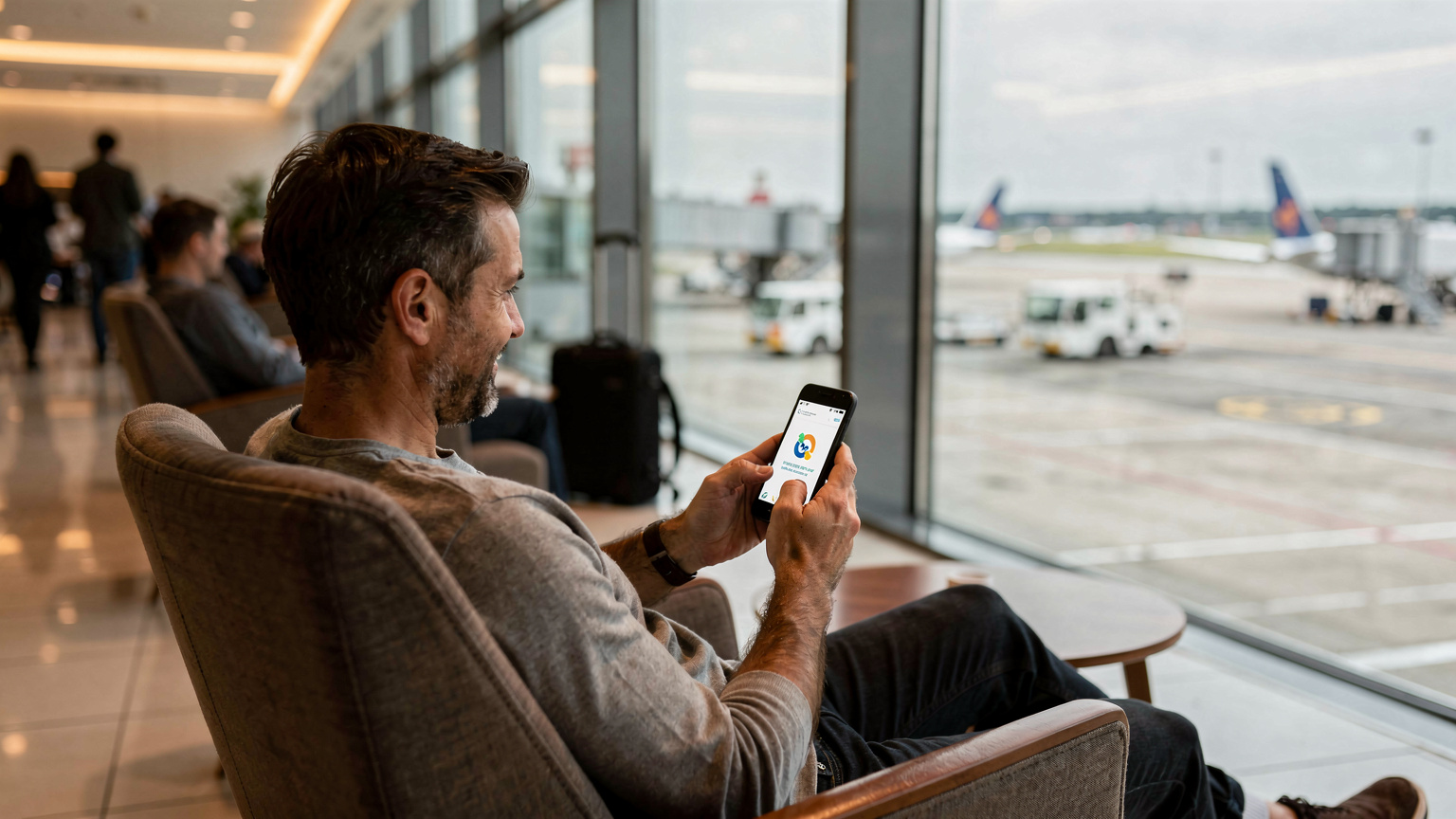 Ein Reisender sitzt entspannt in einem Flughafen-Lounge-Bereich und hält sein Smartphone in der Hand, auf dem eine eSIM-Aktivierungsbestätigung angezeigt wird, während im Hintergrund andere Reisende vorbei hasten.