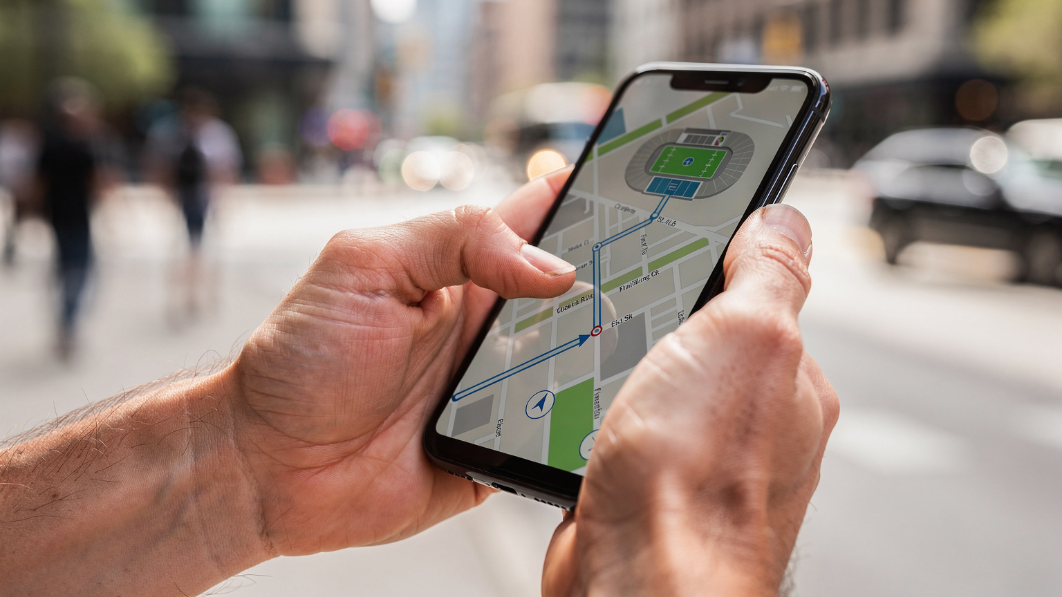 Nahaufnahme von Händen, die ein Smartphone halten, auf dem eine Karten-App mit Routenführung zu einem Stadion in Nordamerika angezeigt wird. Der Hintergrund ist unscharf und zeigt eine belebte Straße.