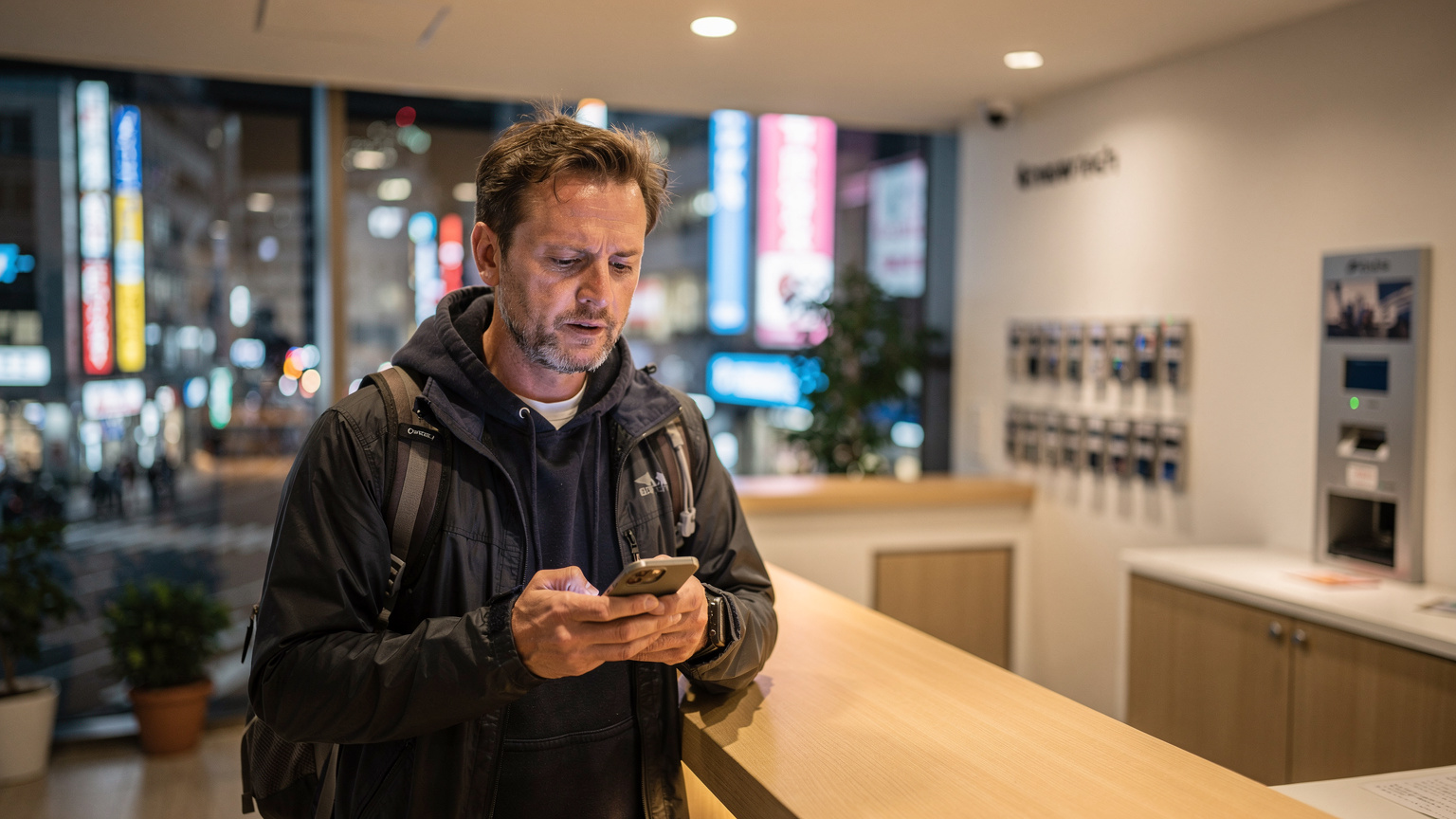 Un voyageur au look fatigué mais déterminé, vérifie son téléphone avec une expression préoccupée à la réception d'un hôtel capsule à Shinjuku, Tokyo, les lumières de la ville visibles à travers une fenêtre derrière lui.