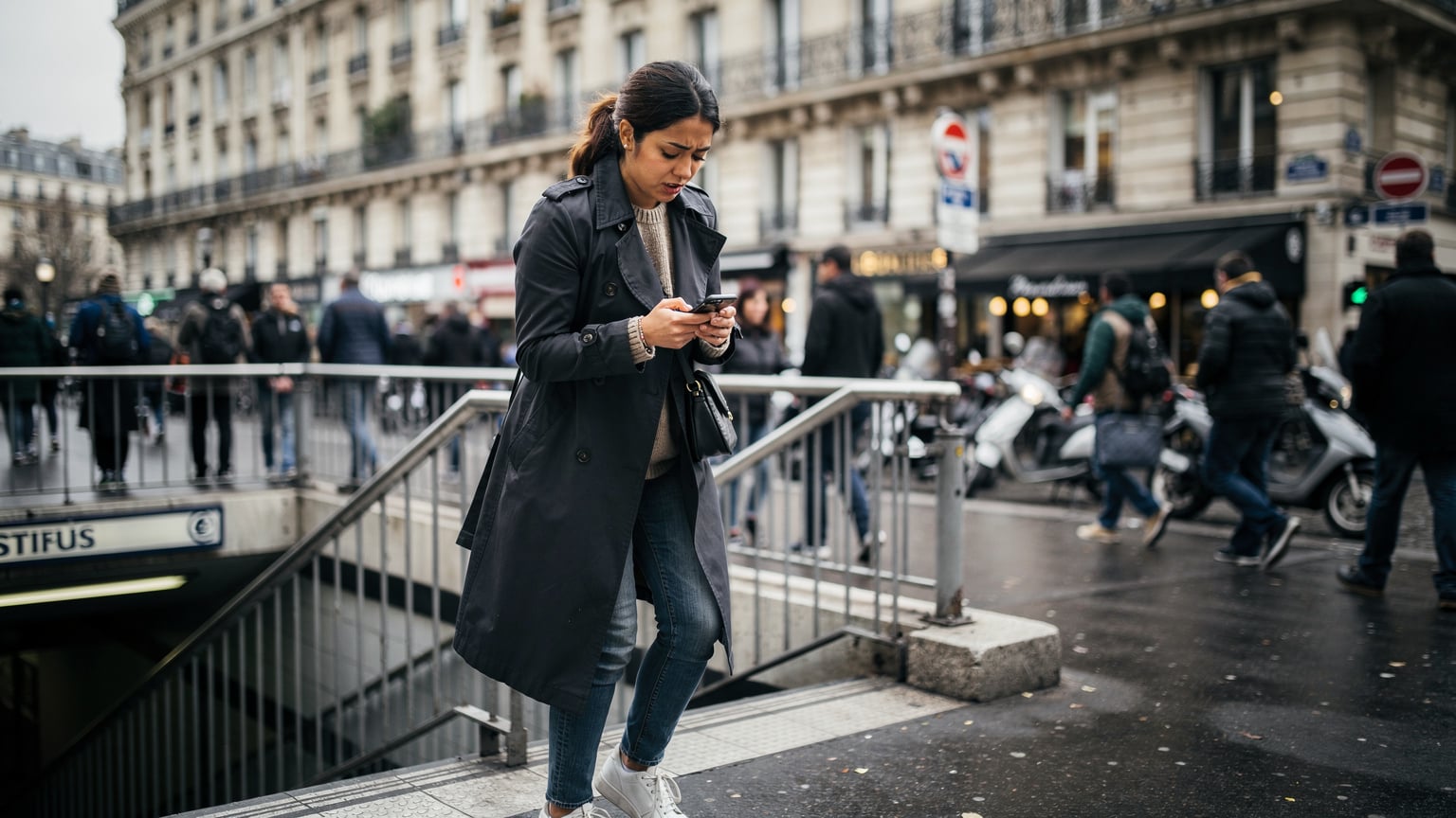 Une femme vérifie les réglages de son téléphone en sortant de la station de métro Châtelet-Les Halles, avec la foule parisienne en arrière-plan. Elle cherche à optimiser sa connexion.
