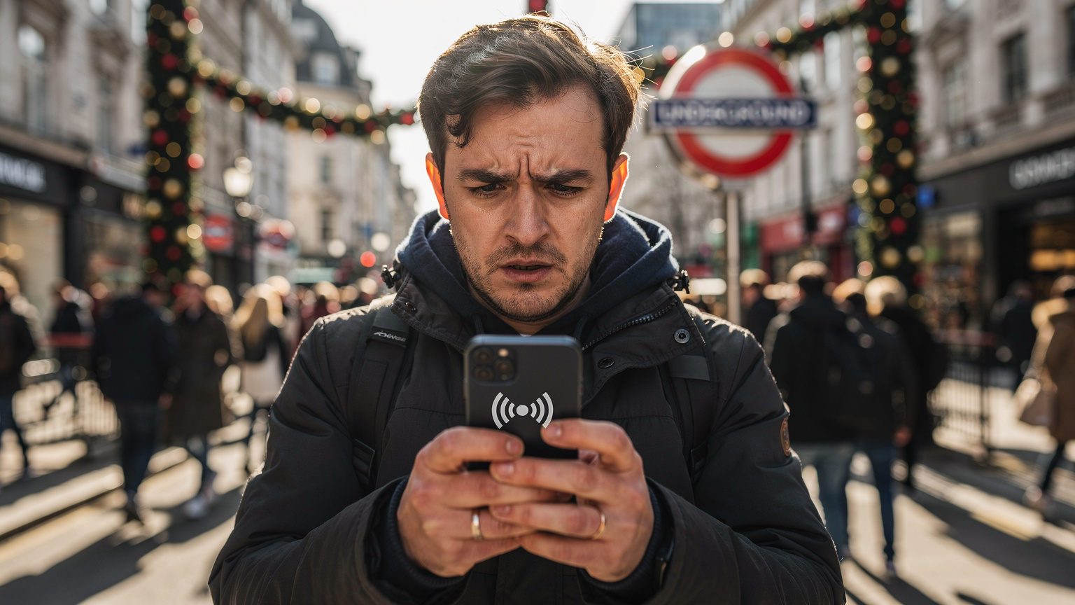 A traveler looks concerned at their smartphone screen, trying to find a network signal amidst a busy, festive London street, highlighting a common connectivity struggle without a reliable eSIM.