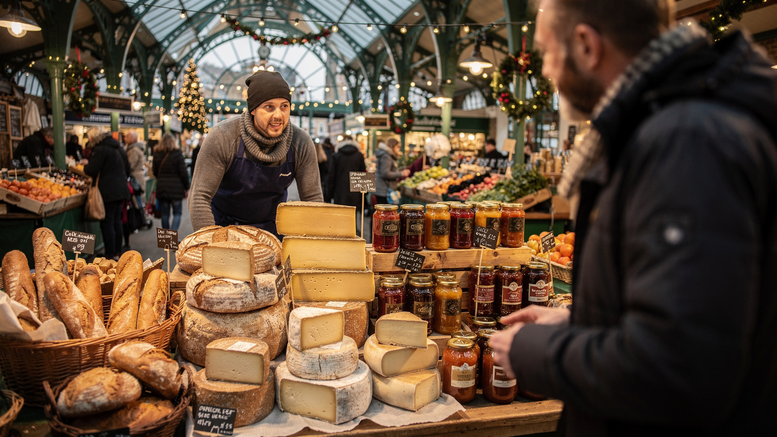 A festive stall at London's Borough Market, showcasing artisanal food and handmade goods, with a blurred backdrop of shoppers, capturing the bustling and authentic Christmas market experience.