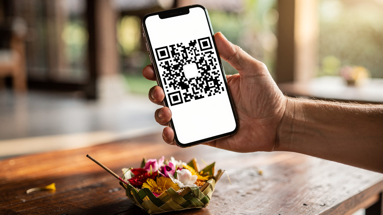 A hand holding a smartphone displaying an eSIM activation QR code, with a traditional Balinese offering (Canang Sari) in the foreground, symbolising the blend of old and new.