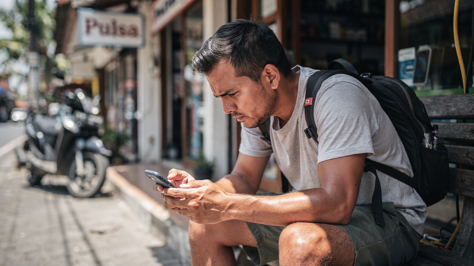A digital nomad looking confused at their phone screen while sitting on a bench outside a phone shop in Seminyak, Bali, indicating a potential SIM card activation issue.